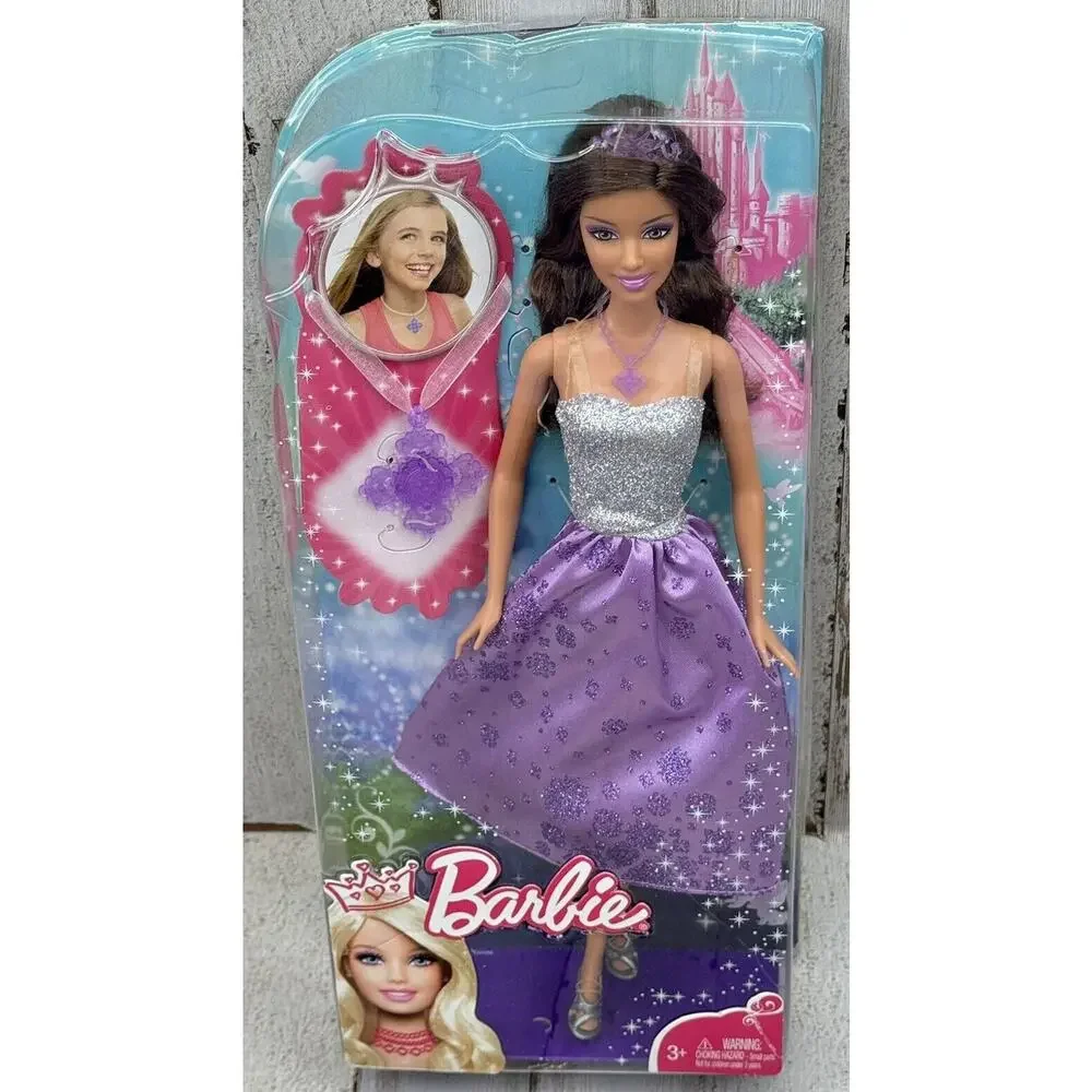 Barbie Princess Brunette Barbie Doll Gift Girl Necklace Purple Dress Crown *Read